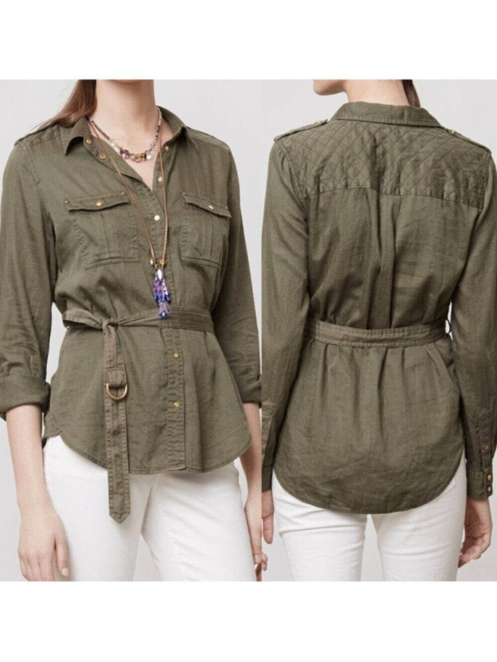 MAEVE ANTHROPOLOGIE Aveiro Safari Shirt Olive Green "Button Down" SNAPS /NO BELT - Picture 1 of 16